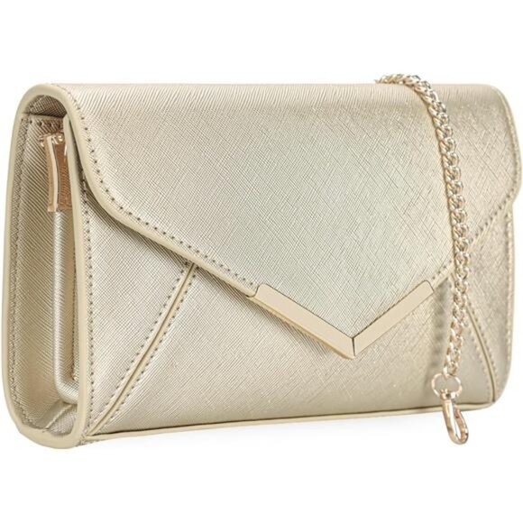 Women Envelope Clutch Faux Saffiano Leather Evening Handbag Gold - Picture 1 of 7